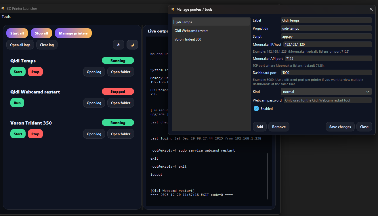 The 3D-Printer-Launcher main window: one card per tool with status badges and Start, Stop, Open log and Open folder buttons, and a merged live log pane on the right.