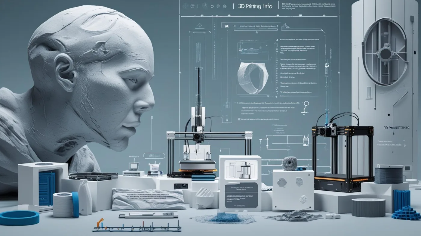 A sculpted head contemplating a workbench of 3D printers, filament spools and printed parts on a blue schematic backdrop