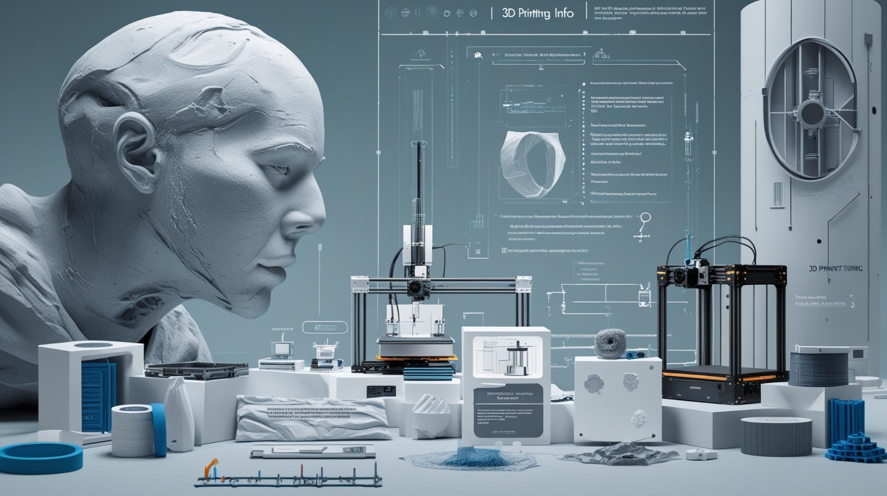 3D Printing Info: a sculpted head contemplating a workbench of 3D printers, filament spools, tools and printed parts on a blue schematic backdrop