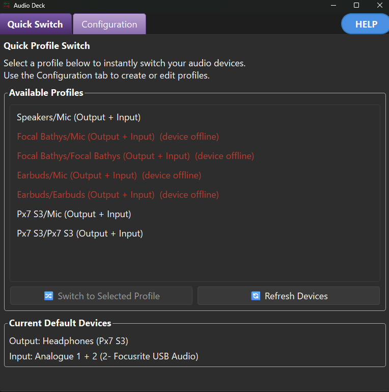 Audio Deck Quick Switch tab: a list of saved profiles with offline devices marked, and the current default output and input devices shown below.