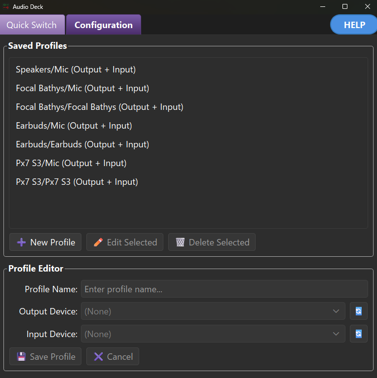 Audio Deck Configuration tab: the saved-profiles list with New, Edit and Delete buttons above a profile editor showing profile name, output device and input device dropdowns.
