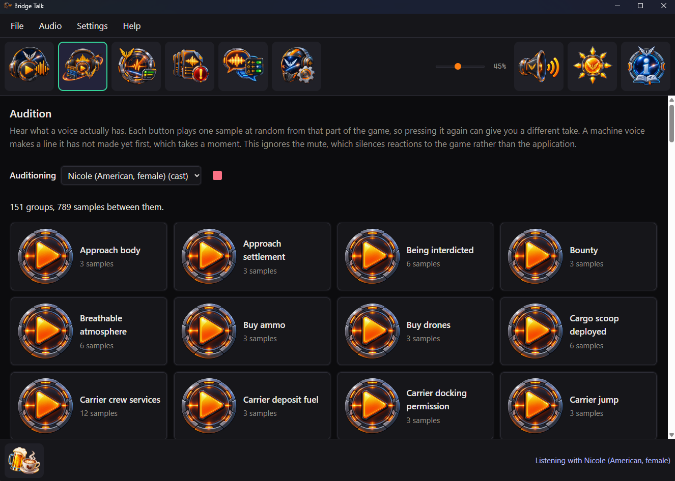 The Audition pane, with one play button for each part of the game