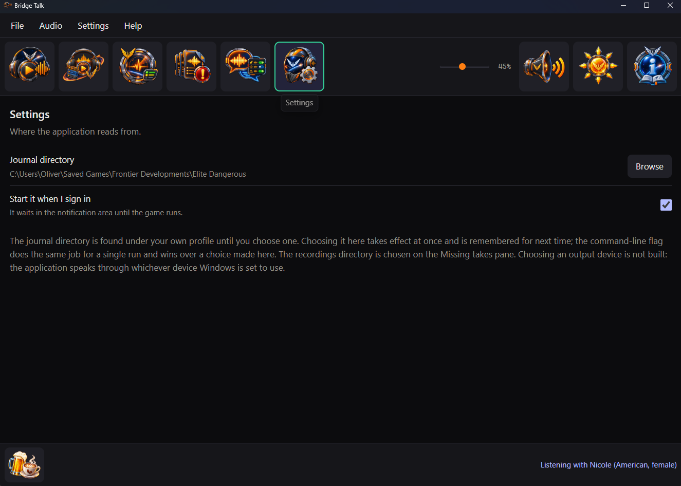 The Settings pane, with the journal folder and the box that starts Bridge Talk when you sign in
