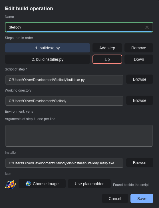 The Edit build operation dialog for Stellody: two steps, buildexe.py then buildinstaller.py, the working directory, the environment venv, the installer found in dist-installer and the project's icon.