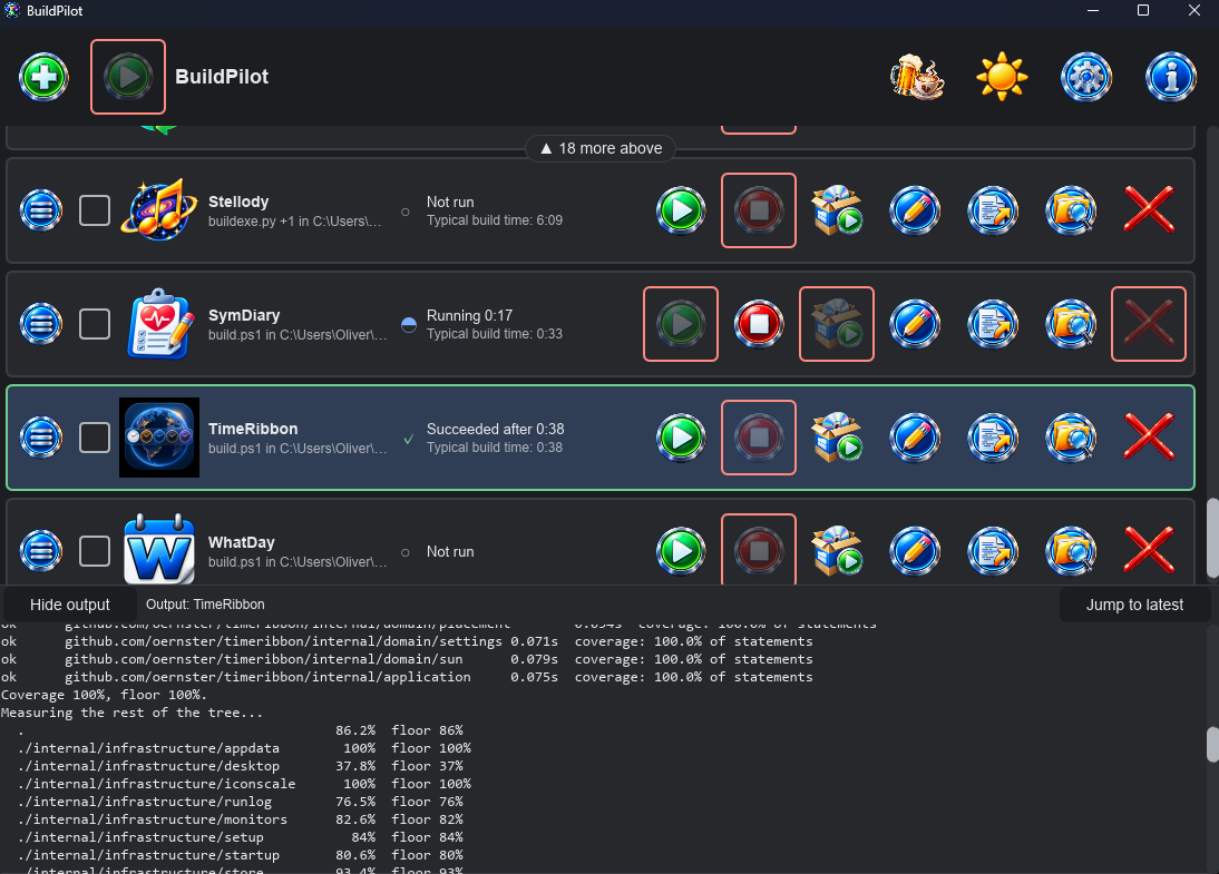 The BuildPilot window scrolled to the foot of a long list, a pill at the top counting the 18 rows above. SymDiary is running at 0:17 with its typical build time of 0:33 beneath. TimeRibbon is selected: it succeeded after 0:38, its typical time. Stellody has not run since BuildPilot started, yet still shows its typical build time of 6:09. TimeRibbon's Go test results fill the tray below in aligned columns. Run, Launch installer and Remove are greyed out with a red ring on the running row; Stop is on the rows at rest.