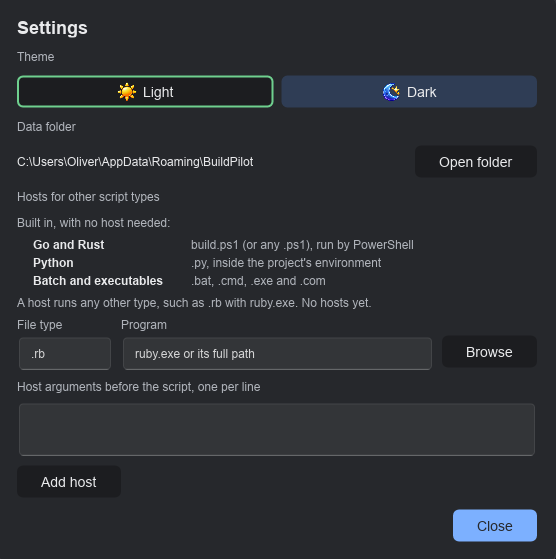 The Settings dialog: the theme, the data folder, the build types that run with no host (Go and Rust, Python, batch files and executables) and the fields for adding a host.