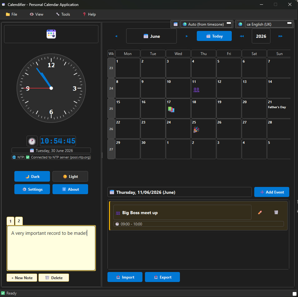 Calendifier main window: month calendar, analog clock, events, notes and the country and language selectors