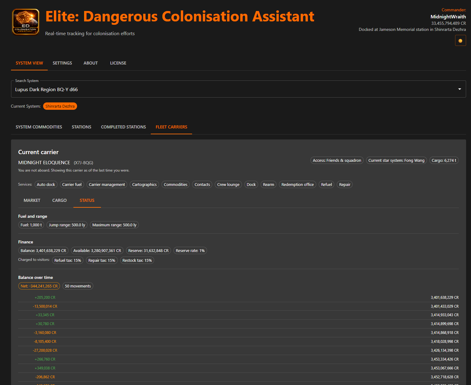 The EDCA fleet carrier status view showing fuel and jump range, the carrier balance with its reserve and tax rates, plus a list of balance movements with signed amounts against the running balance