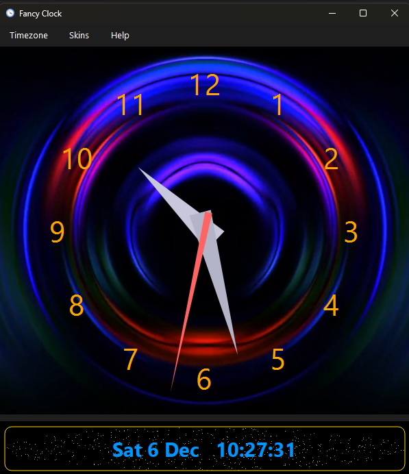 Fancy Clock running on the desktop in analog mode with an animated skin behind the dial