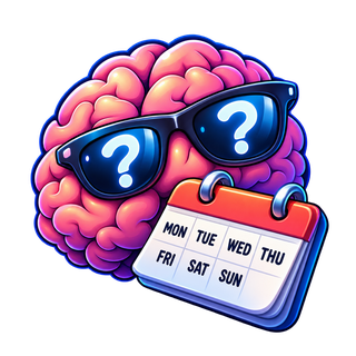A pink brain wearing sunglasses with question marks in the lenses, holding a calendar