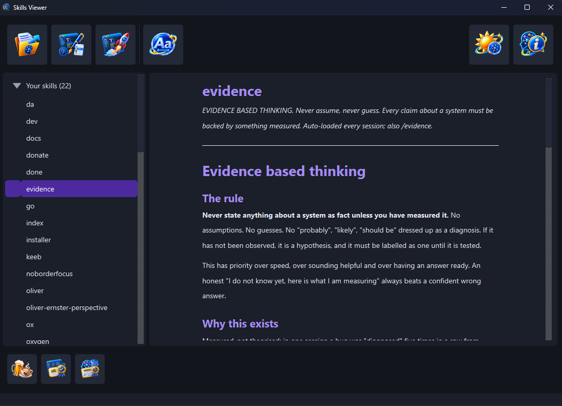 Skills Viewer: the skill library listed on the left, grouped into the skills you wrote and the skills that arrived with a plugin, with the selected skill rendered on the right.