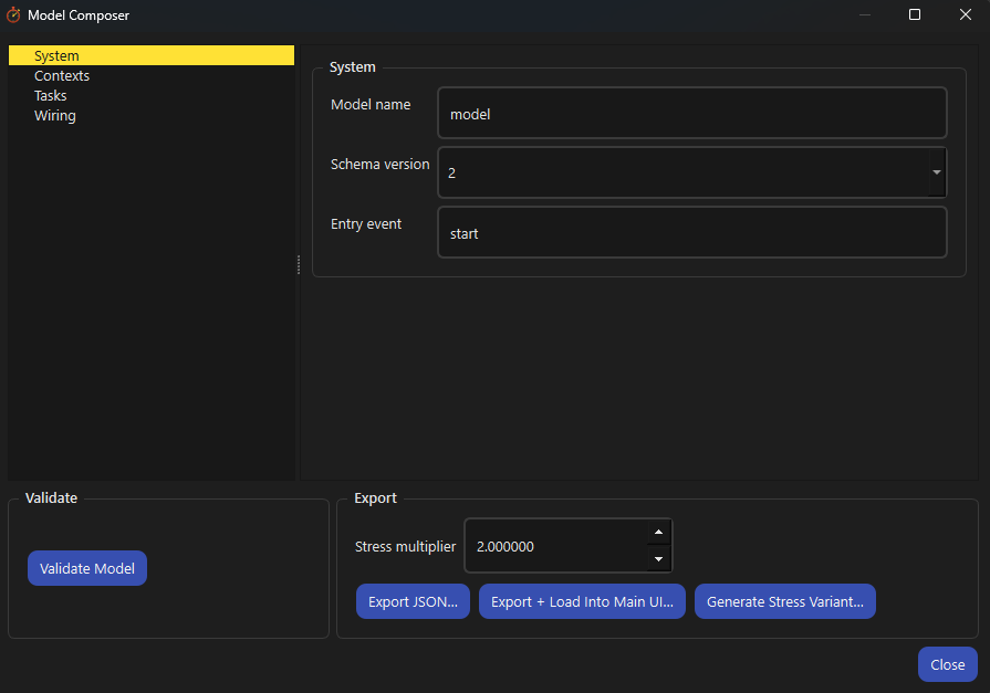 The Model Composer showing the System pane, with the model name, schema version and entry event, with the validate and export controls below