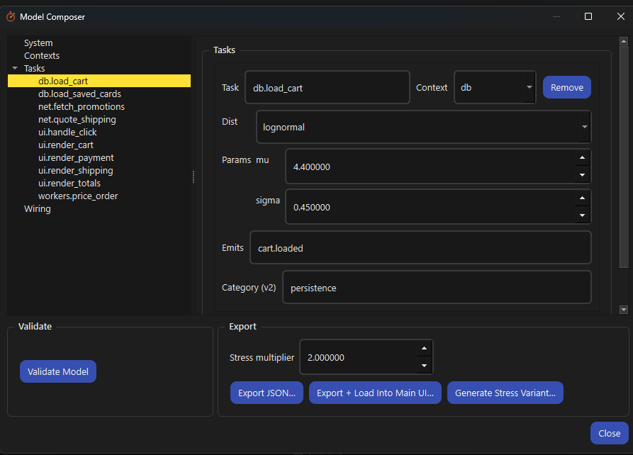 The Model Composer showing the Tasks pane with one task selected, its context, lognormal distribution parameters, emitted event and category