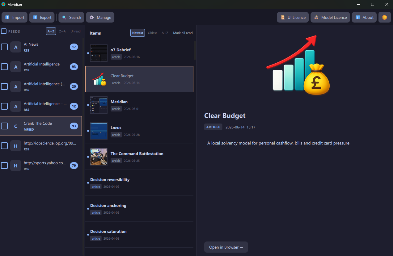Meridian feed reader - main window showing feed list, item list, and article detail pane